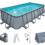 Summer Waves Frame Pool Komplettset | Rechteckig 549x274x132 cm Grau | Aufstellpool Set | Gartenpool & Schwimmbecken inkl. Sandfilterpumpe, Bodenvlies, Abdeckplane & Einstiegsleiter