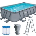 Summer Waves Frame Pool Komplettset | Rechteckig 400x200x100 cm Grau | Aufstellpool Set | Gartenpool & Schwimmbecken inkl. Filterpumpe, Filterpatrone & Einstiegsleiter