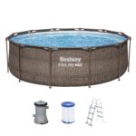 Bestway Steel Pro MAX Frame Pool-Set mit Filterpumpe Ø 366 x 100 cm, Rattan-Optik (Schokobraun), rund