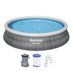 Bestway Fast Set Pool, 457 x 107 cm, Komplett-Set mit Filterpumpe, rund, graue Rattan-Optik