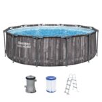 Bestway Steel Pro MAX Frame Pool-Set mit Filterpumpe Ø 366 x 100 cm, Holz-Optik (Mooreiche), rund
